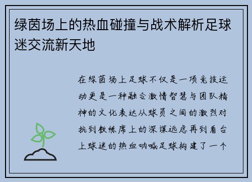 绿茵场上的热血碰撞与战术解析足球迷交流新天地