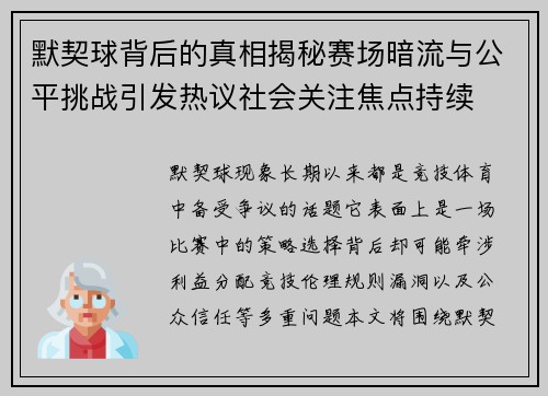 默契球背后的真相揭秘赛场暗流与公平挑战引发热议社会关注焦点持续